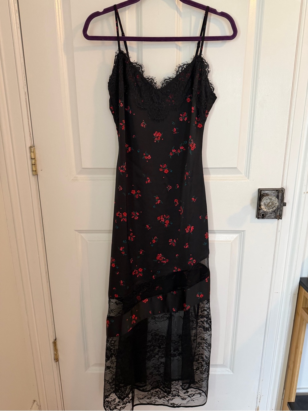 LOFT Maxi Slip Dress Black and Red Floral Chantilly Lace (NWT)